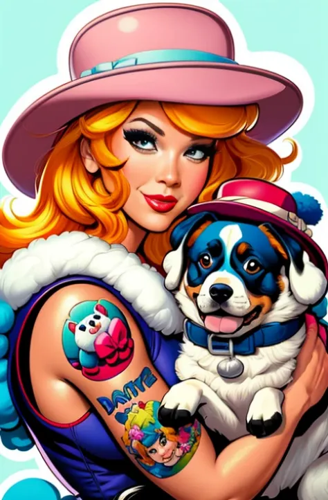 Digital painting, 4k, comic Babes, puffy woman with hat and dog in arms, in digital illustration style, color digital illustration, stylized digital illustration, by Dave Arredondo, color tattoo illustration, color illustration, J.. Scott Campbell, illustr...