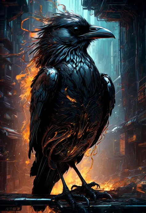 A masterful artistic digital rendering of a sinister cybernetic crow made from sparks and fire by Simon Prades, h.r giger, russ mills, Shaun Ryken, celestial, UHD, 8k resolution, fantasy editorial art, complex and hyperdetailed, beautiful composition, a mo...