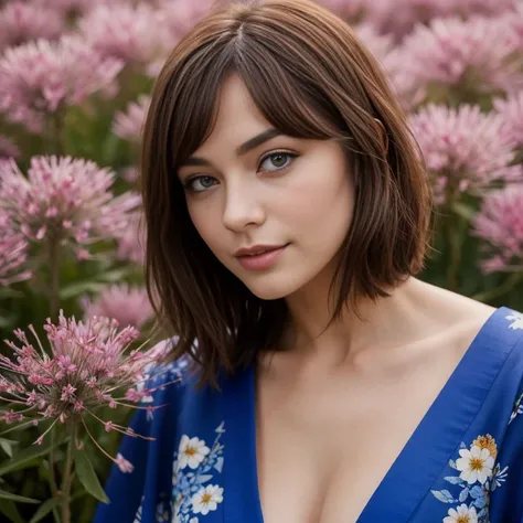 jeune femme de 25 ans, brune aux yeux bleus, topless, kimono, allongée dans les fleurs