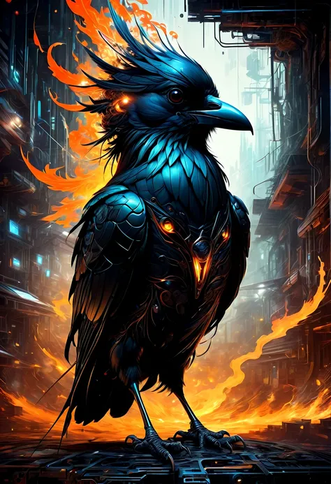 A masterful artistic digital rendering of a sinister cybernetic crow made from sparks and fire by Simon Prades, h.r giger, russ mills, Shaun Ryken, celestial, UHD, 8k resolution, fantasy editorial art, complex and hyperdetailed, beautiful composition, a mo...