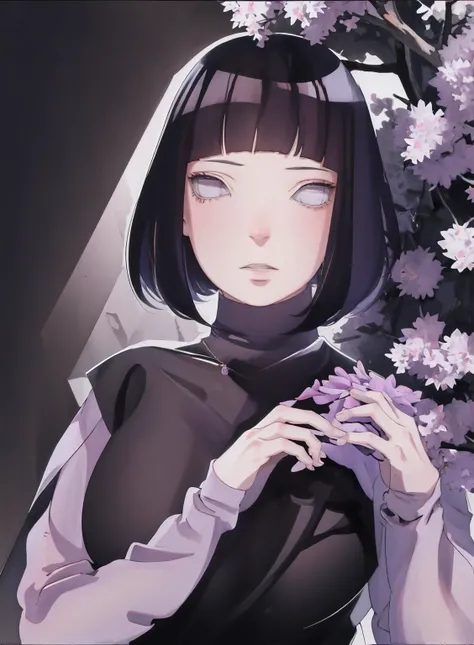 { - anatomy error} (Masterpiece - Ultra-detailed, very high resolution) (huge titusty, masterpiece, absurdres, hinata(boruto), 1girl, solo,mature female, lilac turtleneck blouse, black pant, looking at viewelling petals), perfect composition, detailed lips...