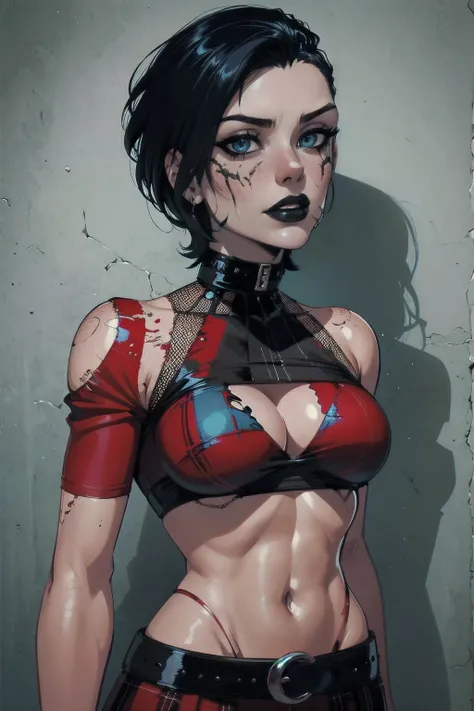 a woman with short black hair, hair on shoulders,  wearing a red cropped  and plaid skirt, blue eyes, zombie art, gothic art, cute aesthetic with vibe, toon aesthetic, wearing red costume, wearing gothic accessories, look like Cassie Hack, upper body, red ...