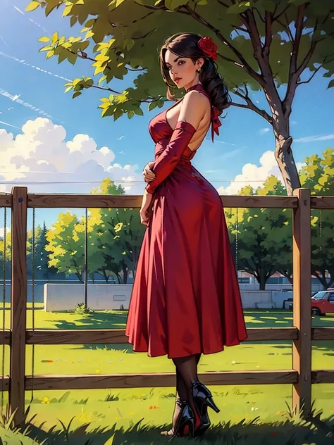 woman, fence florish dress