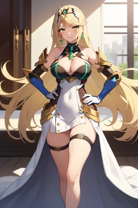 ((best quality)), ((masterpiece)), (detailed), perfect face, Mythra (Xenoblade), 1girl, solo, long_hair, breasts, looking_at_viewer, smile, bangs, blonde_hair, large_breasts, gloves, dress, cleavage, bare_shoulders, full_body, yellow_eyes, earrings, elbow_...