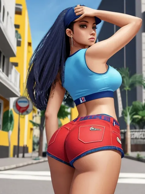 Digital painting, 4k, comic Babes, Shayera, very sensual, with funk girl clothes Lacoste, Oakley Julieta, Brazilian, in the city of Rio de Janeiro, Brazil, dancing funk, wiggling, big ass, thick legs, wearing extremely short denim shorts , showing a piece ...