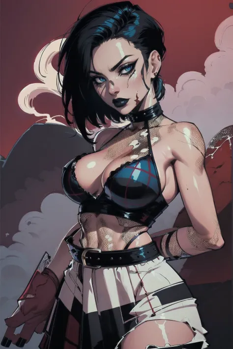 a woman with short black hair, hair on shoulders,  wearing a red cropped  and plaid skirt, blue eyes, zombie art, gothic art, cute aesthetic with vibe, toon aesthetic, wearing red costume, wearing gothic accessories, look like Cassie Hack, upper body, red ...