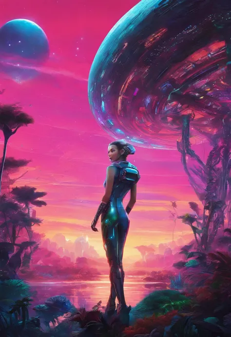 Eine sexy junge Frau, 28 Jahre alt, wandering through a utopian jungle world, colorful shining sky at dusk, phosphorisierende riesiege Pflanzen und Insekten.