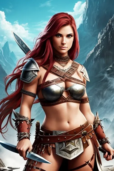 create a digital painting, 4k, best quality,SexyToon,a woman in armor holding a knife and a knife in her hands, barbarian warrior woman, warrior woman, warrior, warrior girl, a very beautiful berserker woman, a beautiful warrior woman, valkyrie, barbarian ...