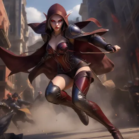 red eyes, sylvanas_windrunner, cinewow, (((full body image))), 1girl, elf, will be depicted in the futuristic world of "aeon flu...