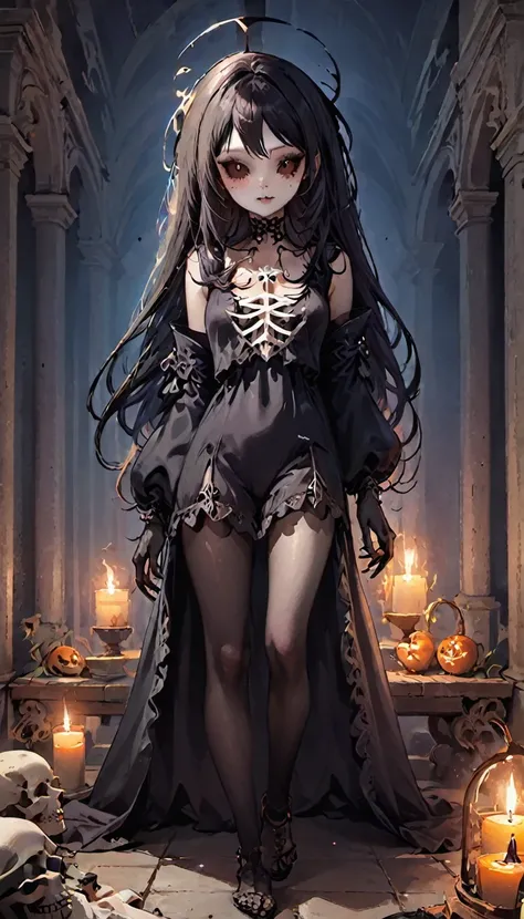 Chica sosteniendo un esqueleto y una calavera en sus manos.,  calavera retrato mujer, bruja mecanica, chica anime otome gothic, Google en pixiv artstation, gweiz pixiv art station, beautiful necromancer girl, arte de anime digital detallado, Kushart Krenz ...