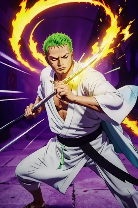 1boy, full body, masterpiece, Zoro, One Piece, slashing, attacking, Katana Enma, green Hair, white Kimono, (best quality), 4k, background purple flames, extreme details, 1 eye closed, scar, scar over closed eye, super sayin aura, purple, shiny, King of Hel...