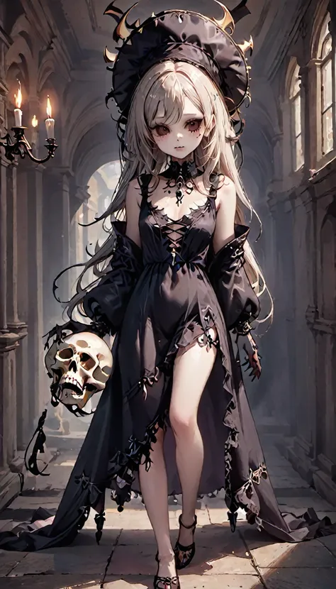 Chica sosteniendo un esqueleto y una calavera en sus manos.,  calavera retrato mujer, bruja mecanica, gothic otome girl, Google en pixiv artstation, gweiz pixiv art station, beautiful necromancer girl,  digital detallado, Kushart Krenz Arte Clave Femenino,...