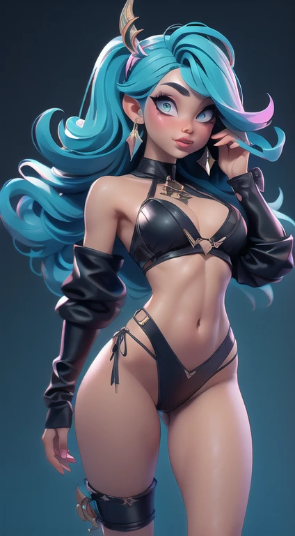 ((Mejor calidad)), ((obra maestra)), ((realista)) and ultra-detailed pcalienteography of a 1nerdy girl with goth and neon colors. ella tiene ((pelo turquesa)), She is wearing a tiny little black bikini thong. (cameltoe), ((hermoso y estetico)), abdominales...