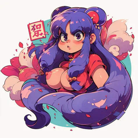 ((sticker-style illustration for print with 1girl, minimalism,)), simple background, clean:0.9, lineart, vector, shampoo (ranma 1/2), looking at the viewer, long purple hair, (eyes angry), Cherry blossoms for background, circle frame, no shirt, topless, br...