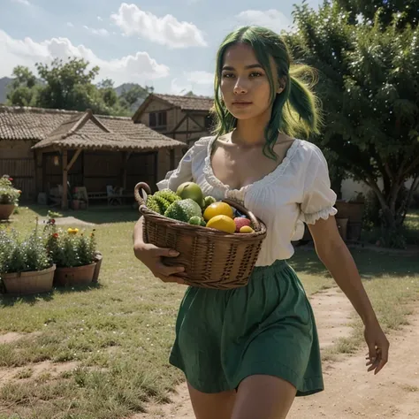 18 yo Green haired latina girl in middle age peasant clothes running from a horseman in a middle age village carrying a basket of vegetables,  8k, uhd, skin with scars, detailed face, body, photo from front