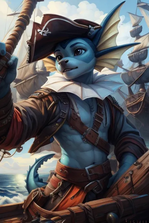 beautifu art, anthro, vaporeon, slim, male, pirate, realistic, ultra quality, landscape  of the ocean background, pirate's ships...