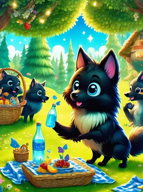 anthro, kemono, male, (chibi:1.2), ((adventure costume)), ((cute)), ((wolf) fluffy fur, fluffy), detailed face, detailed eyes, (close up:1.5), (happy, excited), (at lawn forest:1.5), group shot, detailed background, (high quality, highres, masterpiece), (d...