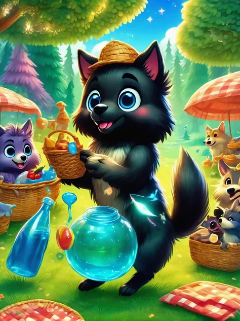 anthro, kemono, male, (chibi:1.2), ((adventure costume)), ((cute)), ((wolf) fluffy fur, fluffy), detailed face, detailed eyes, (close up:1.5), (happy, excited), (at lawn forest:1.5), group shot, detailed background, (high quality, highres, masterpiece), (d...