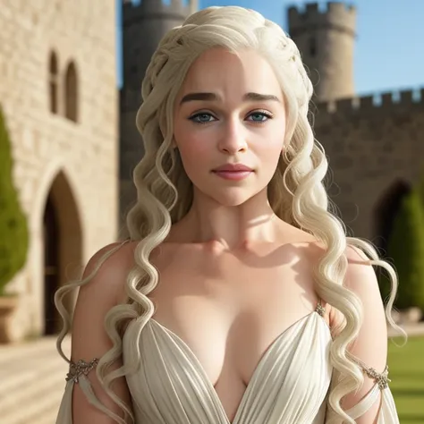 masterpiece, best quality, detailed face, emilia clarke, platinum hair, white dress, pelvic curtain, posing near a castle, looki...