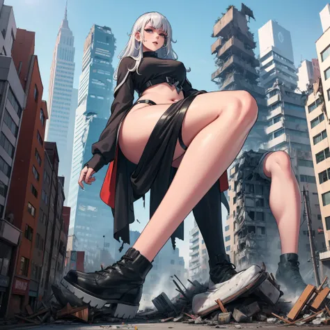  18 jear old Girl sit in destroyed city  turned into a giant taller than buildings with belly 