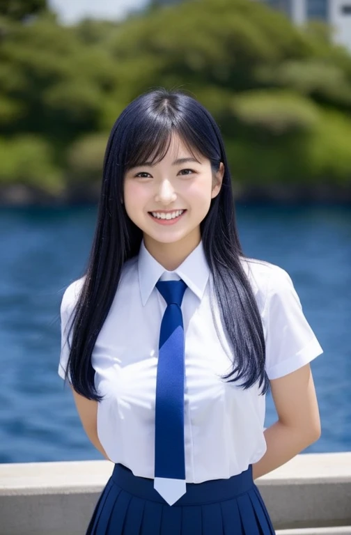 japanese girl、teenage girl、perfect body shape、laughter、Transparency、big and full breasts、、navy blue tie、navy blue skirt、light blue shirt、Gravure idol pose、waterside