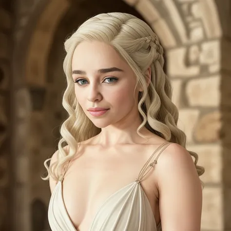 masterpiece, best quality, detailed face, emilia clarke, platinum hair, white dress, pelvic curtain, posing near a castle, looki...