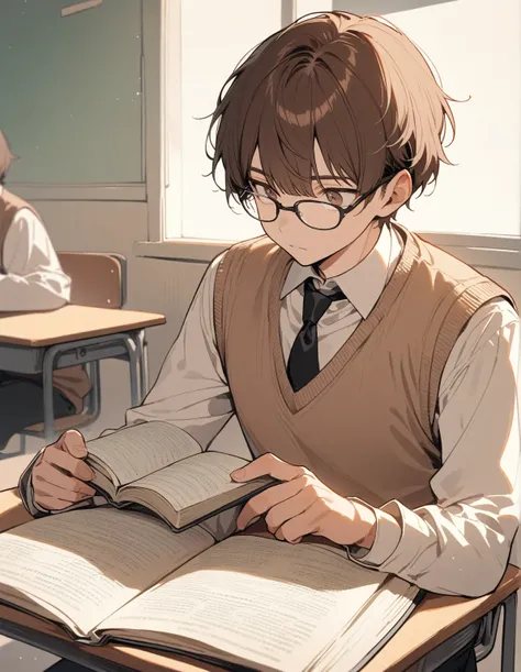 1 guy, brown eyes, brown hair, short hair with bangs, dressed in a brown sweater vest and black trousers, black tie, wears glasses, sits at a desk in the classroom, classroom, reads a book, focused, beautiful hands, gentle tones