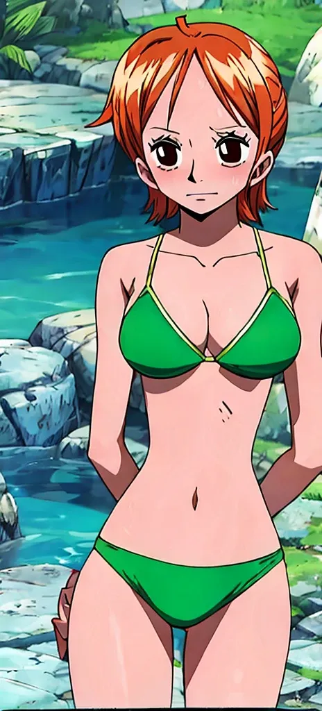 Nami stands blushing in a green bikini。