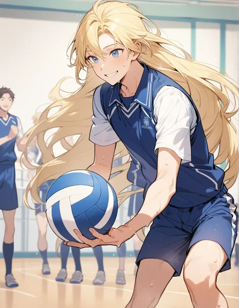 1 guy, blue eyes, blonde hair, very long hair, dressed in a blue school sports uniform, playing volleyball, body sweat, school gym, smile, happy, beautiful hands, gentle tones