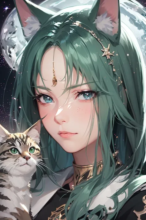 Anime girl with green hair and a cat in front of the full moon, beautiful anime cat girl, very beautiful anime cat girl, detailed digital anime art, anime style 4k, Stunning anime face portrait, portrait knights of the zodiac girl, anime girl with cat ears...