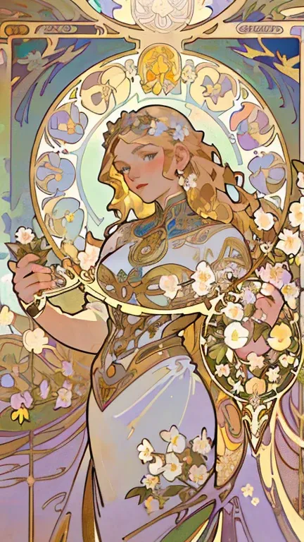 masterpiece, art deco, european woman face portrait, long curly hair, blonde, flower frame, decorative panels, Alphonse Mucha (masterpiece, highest quality, High resolution: 1.4), be familiar with, intricate details, 4k, color splash, flowers