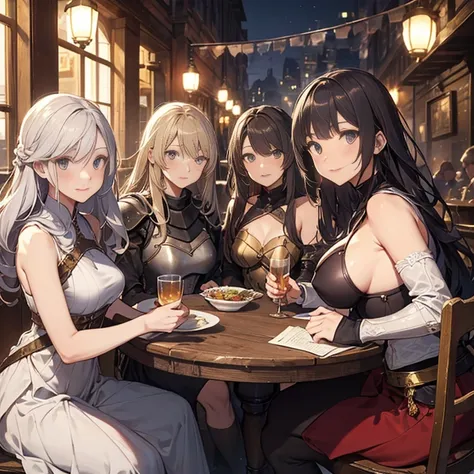 A group of  female medieval fantasy adventurers, (in tavern), various hair styles, harem, night, details face, seducing, sleeveless, armor 