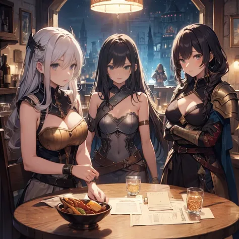 A group of  female medieval fantasy adventurers, (in tavern), various hair styles, harem, night, details face, seducing, sleeveless, armor 