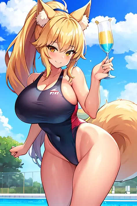 amy, ponytail, bangs, long hair, fox ears, fox tail, thick thighs, breasts, 1girl, wide hips, large breasts, blonde hair, smile, ponytail, tan, one-piece swimsuit, black one-piece swimsuit, competition swimsuit, blue trim, pool, poolside, happy