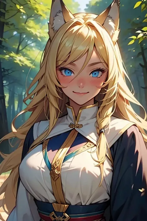 ((best quality)), ((masterpiece)), ((detailed)) woman, long blonde hair, wolf ears, wolf tail, bright blue eyes, fair skin, medieval clothing, shy, smiling, blushing, bright sunny day, forest, portrait