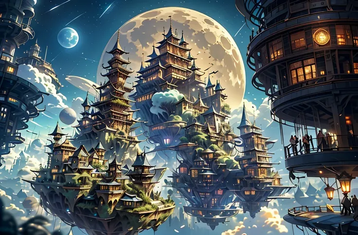 magical night，sky cities。views of the steampunk cityscape，the moon in the distance，meteors，flying cloud castle，steampunk city，fl...