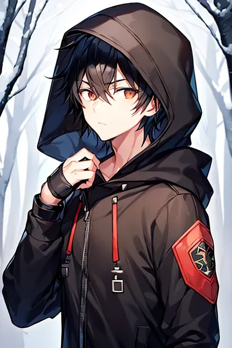 1boy, black hair, hood up, hoodie, hooded jacket, hood on, jacket, black jacket, brown eyes, fingerless gloves, muscular, tall male, tall, snow, forest, browm eyes, very short hair