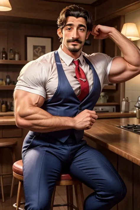 male, 1950s, sitting on barstool, big pecs, mustache, huge bouncy round pecs, flexing bicep, manboobs, adrien brody lookalike, wearing slutty suit