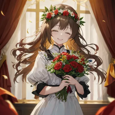 anime girl with long hair holding a bouquet of flowers, rin, portrait of lolita, marin kitagawa fanart, kawacy, guweiz, anime moe artstyle, [[[[grinning evily]]]], from girls frontline, with flowers, guweiz on pixiv artstation, ( ( ( yoshinari yoh ) ) )