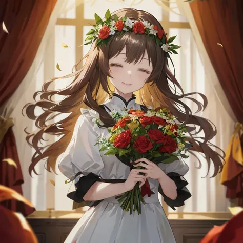 anime girl with long hair holding a bouquet of flowers, rin, portrait of lolita, marin kitagawa fanart, kawacy, guweiz, anime moe artstyle, [[[[grinning evily]]]], from girls frontline, with flowers, guweiz on pixiv artstation, ( ( ( yoshinari yoh ) ) )