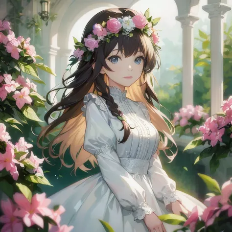 anime girl in a white dress with flowers in her hair, beautiful anime portrait, detailed digital anime art, guweiz on pixiv artstation, kawaii realistic portrait, beautiful maiden, artwork in the style of guweiz, beautiful anime girl, guweiz on artstation ...