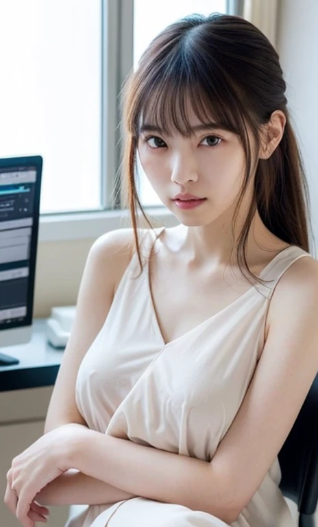 masterpiece、highest quality、16K、ultra high resolution、UHD，Depth of the bounds written、very detailed、soft light、professional lighting、Pale shading、Weak contrast、Japanese、beautiful girl、slender woman、Smooth, silky skin、clear white skin、daytime office、Window ...