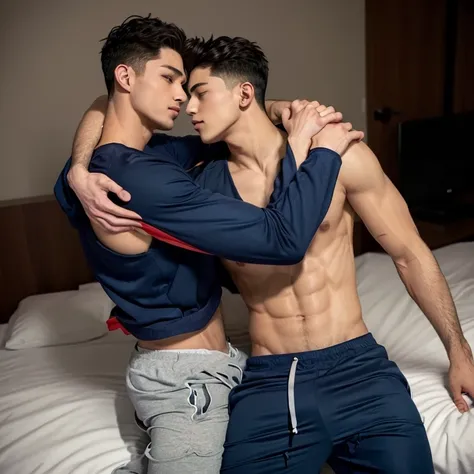 two handsome men with athletic bodies, they are wearing sweatpants, they are on the bed, the first man is on top of the second mans body, The first man hugged and rubbed his crotch against the second mans crotch, they kissed passionately