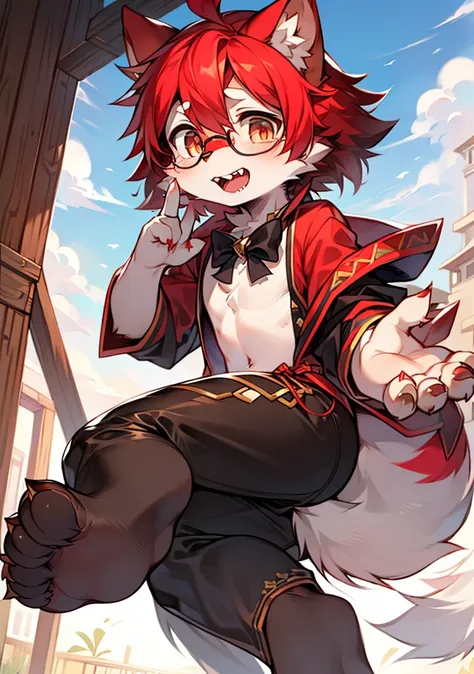 wear glasses,masterpiece, high quality, H, number (artwork), Cut through thick snacks, Yes,Kiyoyama,Red hair all over, male wolf,short hair,portrait, Bright Eyes,The eyes are gray，With black bow，white belly，The tip of the tail is white，White palms and sole...