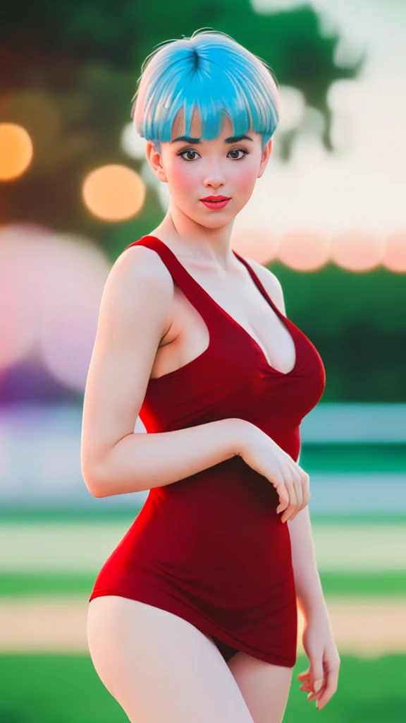 (Ultra realistic 16k), (extremely complex:1.3), (realistic), very white girl, seductive face, sexy eyes, blushing cheeks, short cyan blue hair, red dress, pale skin, narrow waist, hot hips, hot butt, beautiful hot legs, 18 years old, (beautiful body), prof...