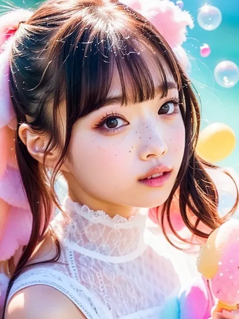 beautiful and cute naughty girl, very detailed, cotton candy curls, candy freckles, bright makeup, holographic transparent candy...