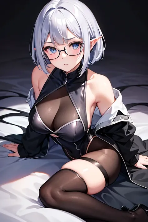 Shoulder Bob　silver hair　bob hairストレートヘア　Silver-haired, blue-eyed elf　I want to be a powerhouse behind the scenes.　beta　Qiyin　Black-rimmed round glasses　big breasts　black costume　In awe of Shadow、Each and every event is a unique heroic tale「Shadow-sama&#39...