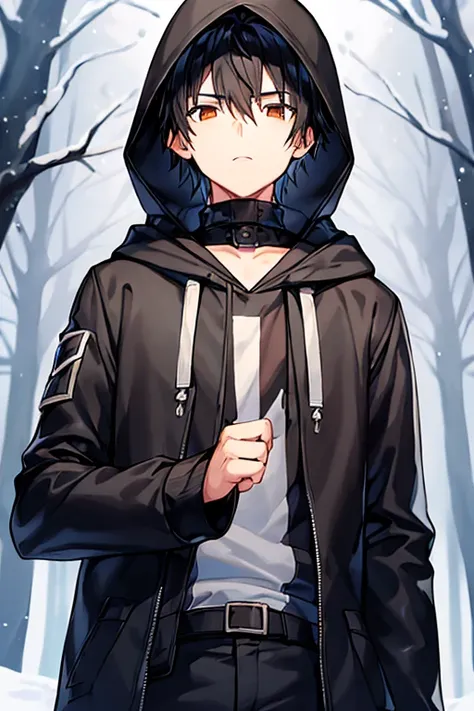 1boy, black hair, hood up, hoodie, hooded jacket, hood on, jacket, black jacket, brown eyes, fingerless gloves, muscular, tall male, tall, snow, forest, browm eyes, very short hair