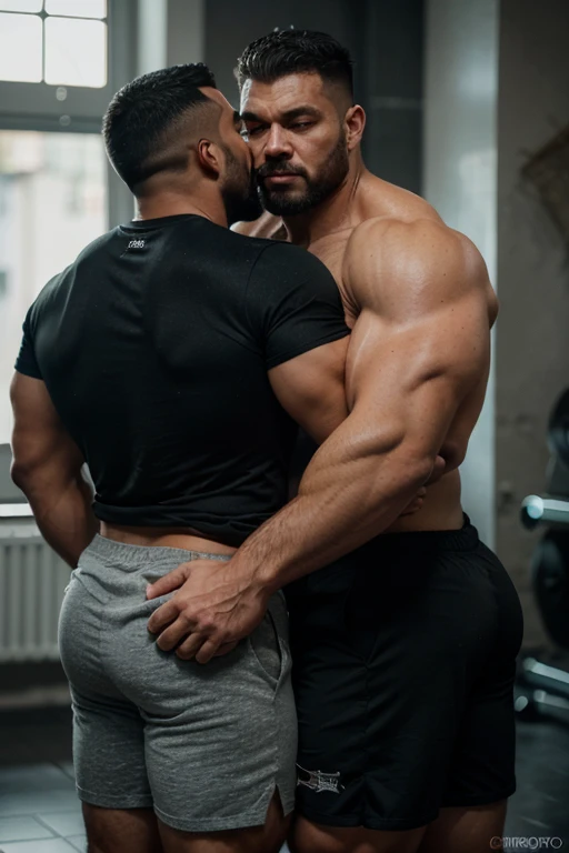 hulk photography, light cinematic heavyweight bodybuilder, 75 kg of complete muscle,  Bigote grueso y trozo chino barbudo, hombres muy guapo. perfect body proportion,, hypermuscular nalgon, realista,  two cowboys with hat, black shirt, silver shorts, backs...