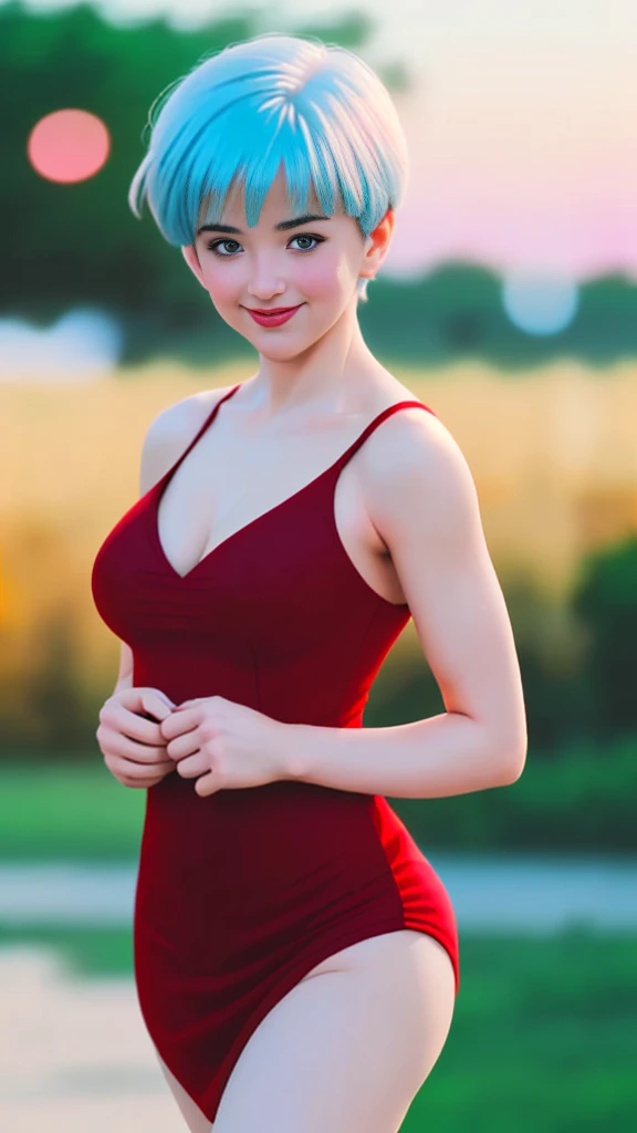 (Ultra realistic 16k), (extremely complex:1.3), (realistic), very white girl, seductive face, sexy eyes, blushing cheeks, sexy smile, short cyan blue hair, red dress, pale skin, sexy neckline,), narrow waist, hot hips, hot butt, beautiful hot legs, 18 year...